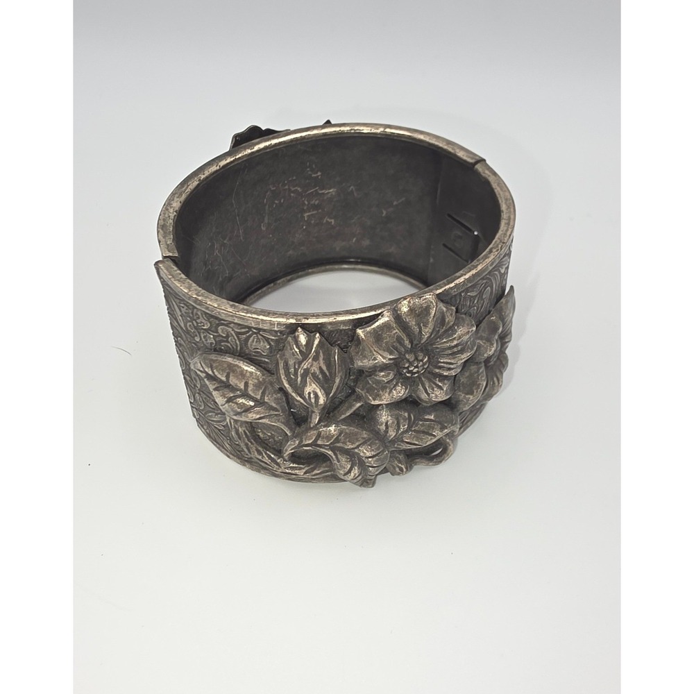 Vintage Repousse 3D Floral Hinged Cuff Bracelet Antiqued Silver Tone Wide Bangle